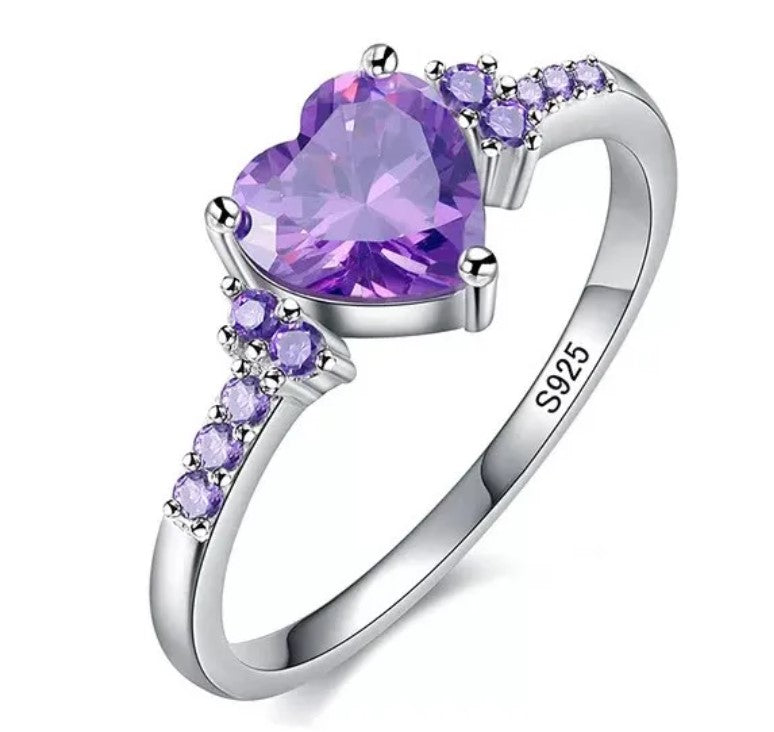 Anillo De Compromiso Corazón Morado Amatista Plata 925 Dtup®