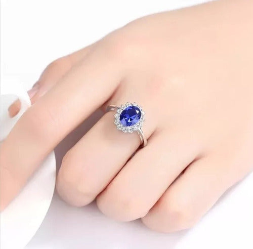 Anillo Solitario Lady Di Plata 925 Y Oro Blanco Zafiro Dtup®