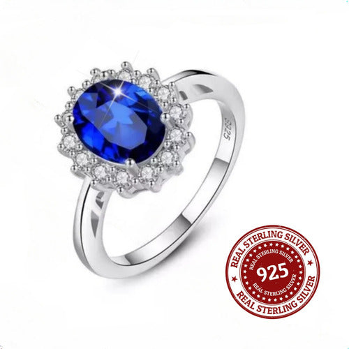 Anillo Solitario Lady Di Plata 925 Y Oro Blanco Zafiro Dtup®