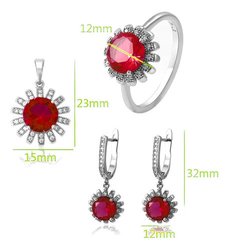 Collar, Anillo Y Aretes Rojo Rubí Oro Blanco Plata Elegante