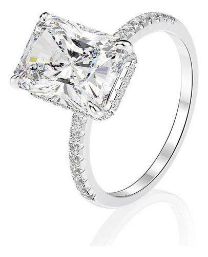 Anillo Compromiso Corte Esmeralda Plata 925 Oro Blanco 18k