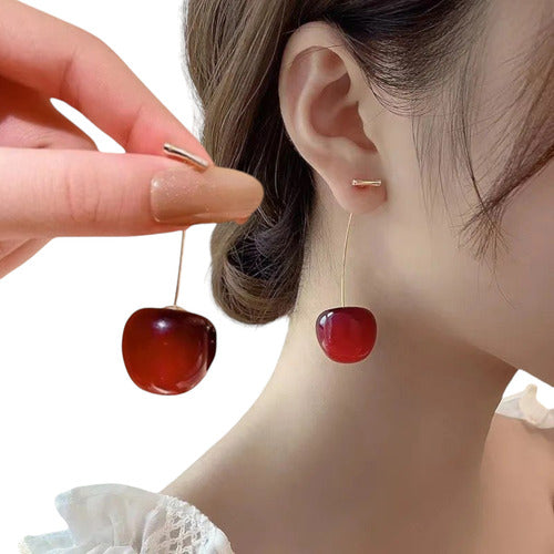 Elegantes Aretes Largos De Cereza Chapados En Oro 10k Dtup®