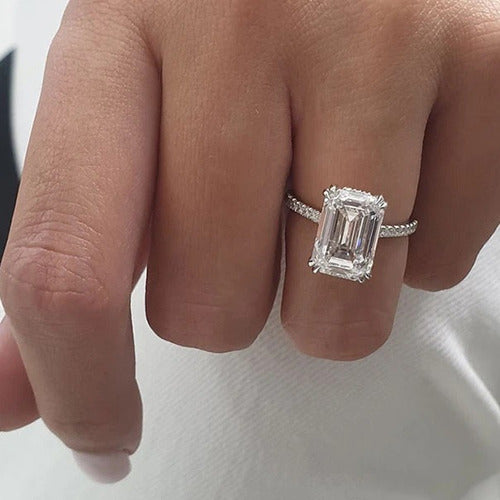 Anillo Compromiso Corte Esmeralda Plata 925 Oro Blanco 18k