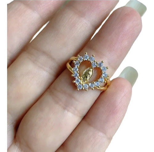 Anillo Virgen Guadalupana Corazon Circonias Chapado En Oro