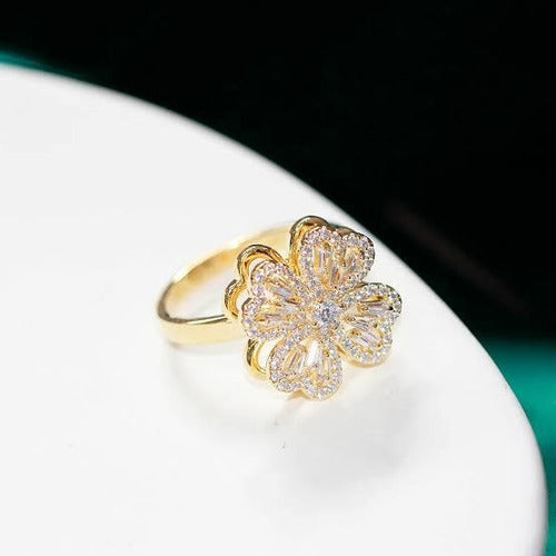 Anillo De Flor Giratorio Anti Estrés Chapado En Oro De 18k