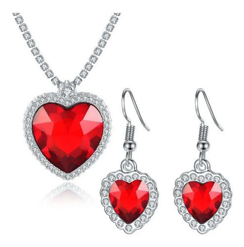 Conjunto De Joyería Corazón Rojo Rubí + Aretes Plata S925