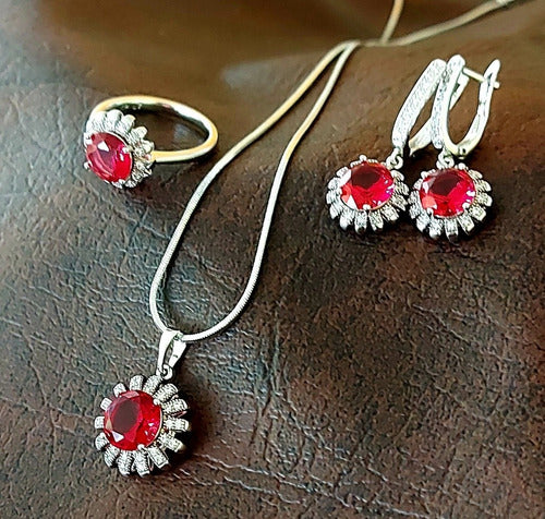 Collar, Anillo Y Aretes Rojo Rubí Oro Blanco Plata Elegante