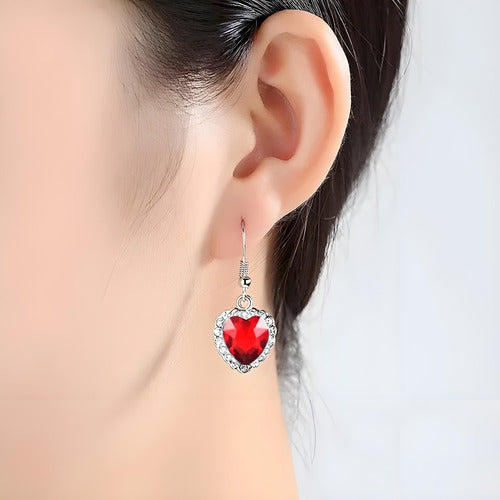 Conjunto De Joyería Corazón Rojo Rubí + Aretes Plata S925