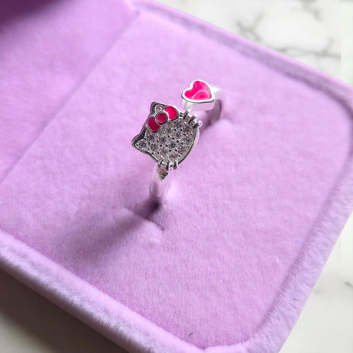 Anillo De Plata 925 Corazón Rosa Hello Kitty Circonias Dtup®