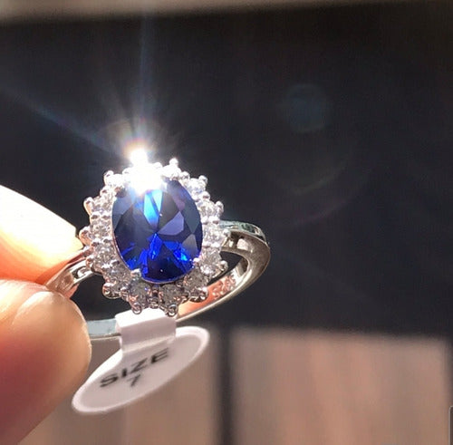 Anillo Solitario Lady Di Plata 925 Y Oro Blanco Zafiro Dtup®