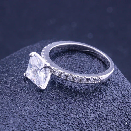 Anillo D/compromiso Elegante Diamante Cuadrado Plata Alemana