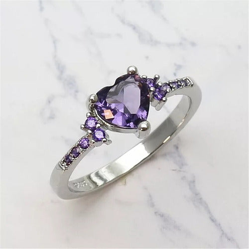 Anillo Compromiso Corazón Morado Con Estuche Plata 925 Dtup®