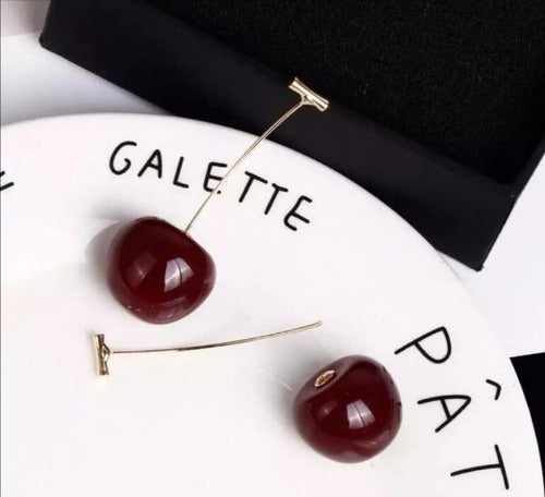 Aretes Largos Cereza  Elegantes Oro 18k Frutal Regalo Kawaii