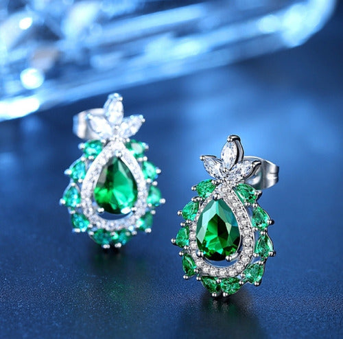 Set Joyería Fina Esmeralda Collar, Aretes, Pulsera Y Anillo