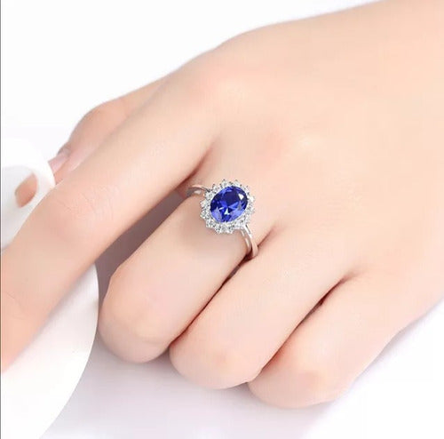 Anillo Solitario Lady Di Plata 925 Y Oro Blanco Zafiro Dtup®