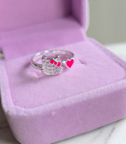 Anillo De Plata 925 Corazón Rosa Hello Kitty Circonias Dtup®