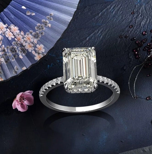 Anillo Compromiso Corte Esmeralda Plata 925 Oro Blanco 18k