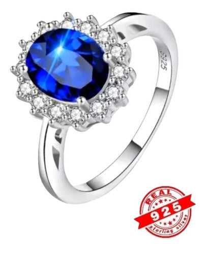 Anillo Solitario Lady Di Plata 925 Y Oro Blanco Zafiro Dtup®