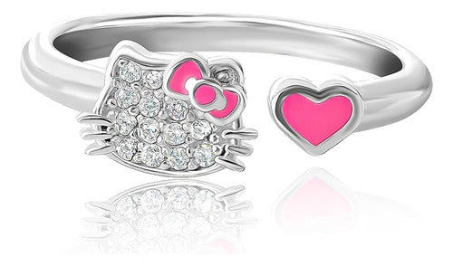 Anillo De Plata 925 Corazón Rosa Hello Kitty Circonias Dtup®