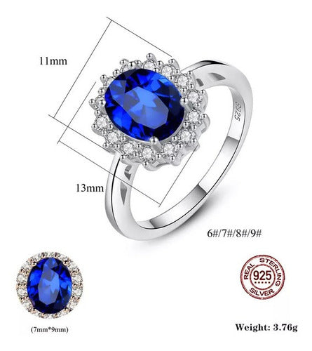 Anillo Solitario Lady Di Plata 925 Y Oro Blanco Zafiro Dtup®