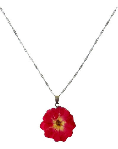 Collar De Flor Natural Auténtica Rosa Real Resina Plata S925