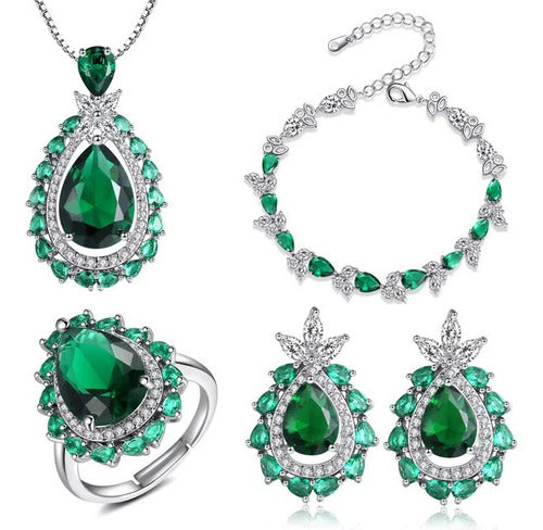 Set Joyería Fina Esmeralda Collar, Aretes, Pulsera Y Anillo
