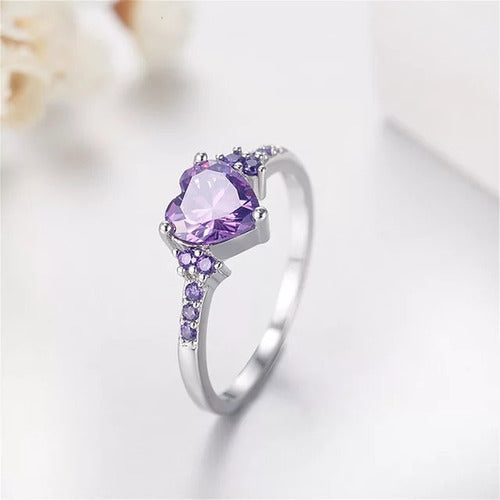 Anillo Compromiso Corazón Morado Con Estuche Plata 925 Dtup®