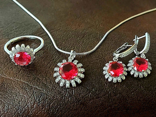 Collar, Anillo Y Aretes Rojo Rubí Oro Blanco Plata Elegante