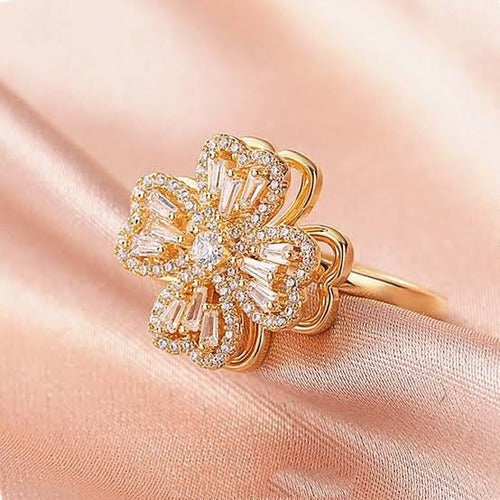 Anillo De Flor Giratorio Anti Estrés Chapado En Oro De 18k