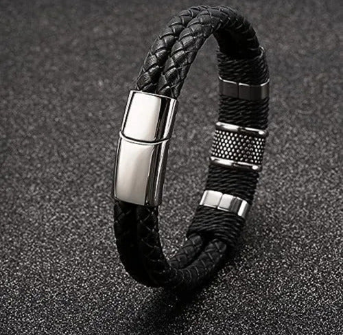 Pulsera Para Hombre Piel Cuero Genuino Broche Magnético