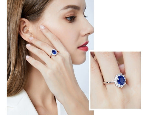 Anillo Solitario Lady Di Plata 925 Y Oro Blanco Zafiro Dtup®