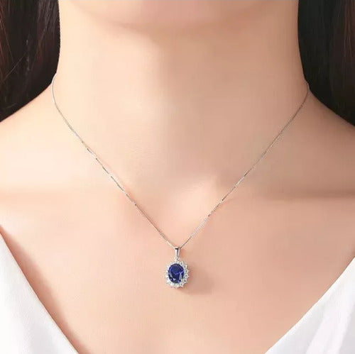 Collar Elegante Diseño Lady Di Zafiro Plata S925 Oro Blanco