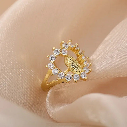 Anillo Virgen Guadalupana Corazon Circonias Chapado En Oro