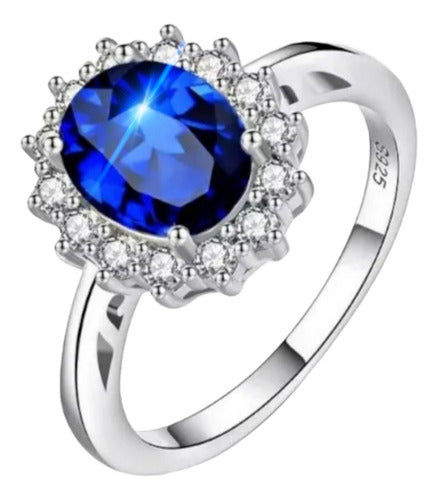 Anillo Solitario Lady Di Plata 925 Y Oro Blanco Zafiro Dtup®