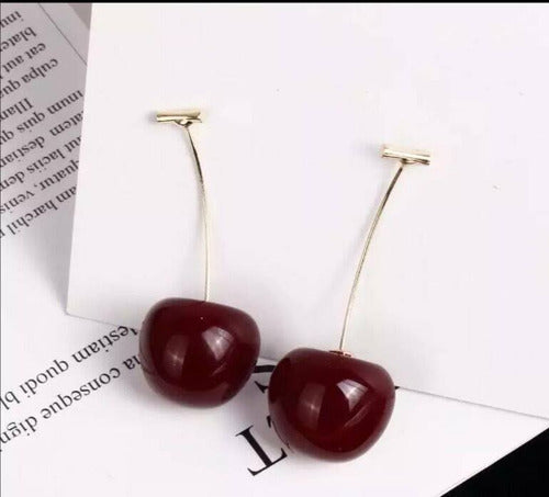 Aretes Largos Cereza  Elegantes Oro 18k Frutal Regalo Kawaii