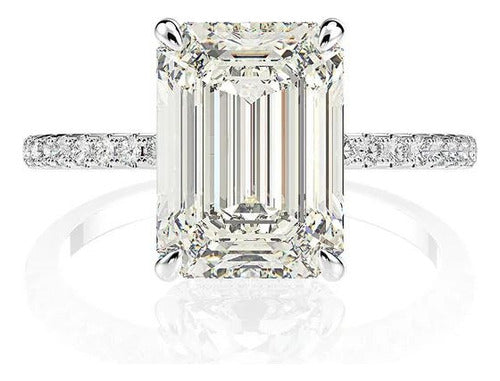 Anillo Compromiso Corte Esmeralda Plata 925 Oro Blanco 18k
