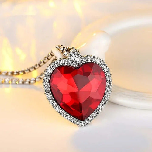 Conjunto De Joyería Corazón Rojo Rubí + Aretes Plata S925