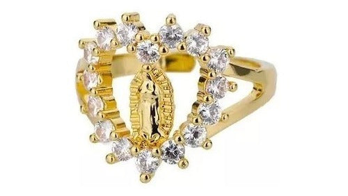 Anillo Virgen Guadalupana Corazon Circonias Chapado En Oro