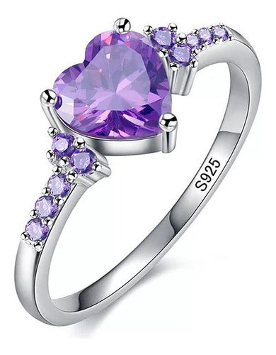 Anillo De Compromiso Corazón Morado Amatista Plata 925 Dtup®