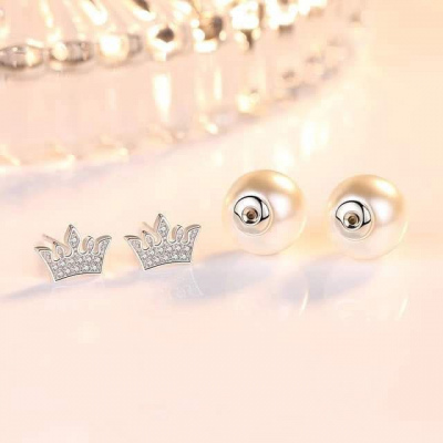 Aretes corona - perla 2 en 1